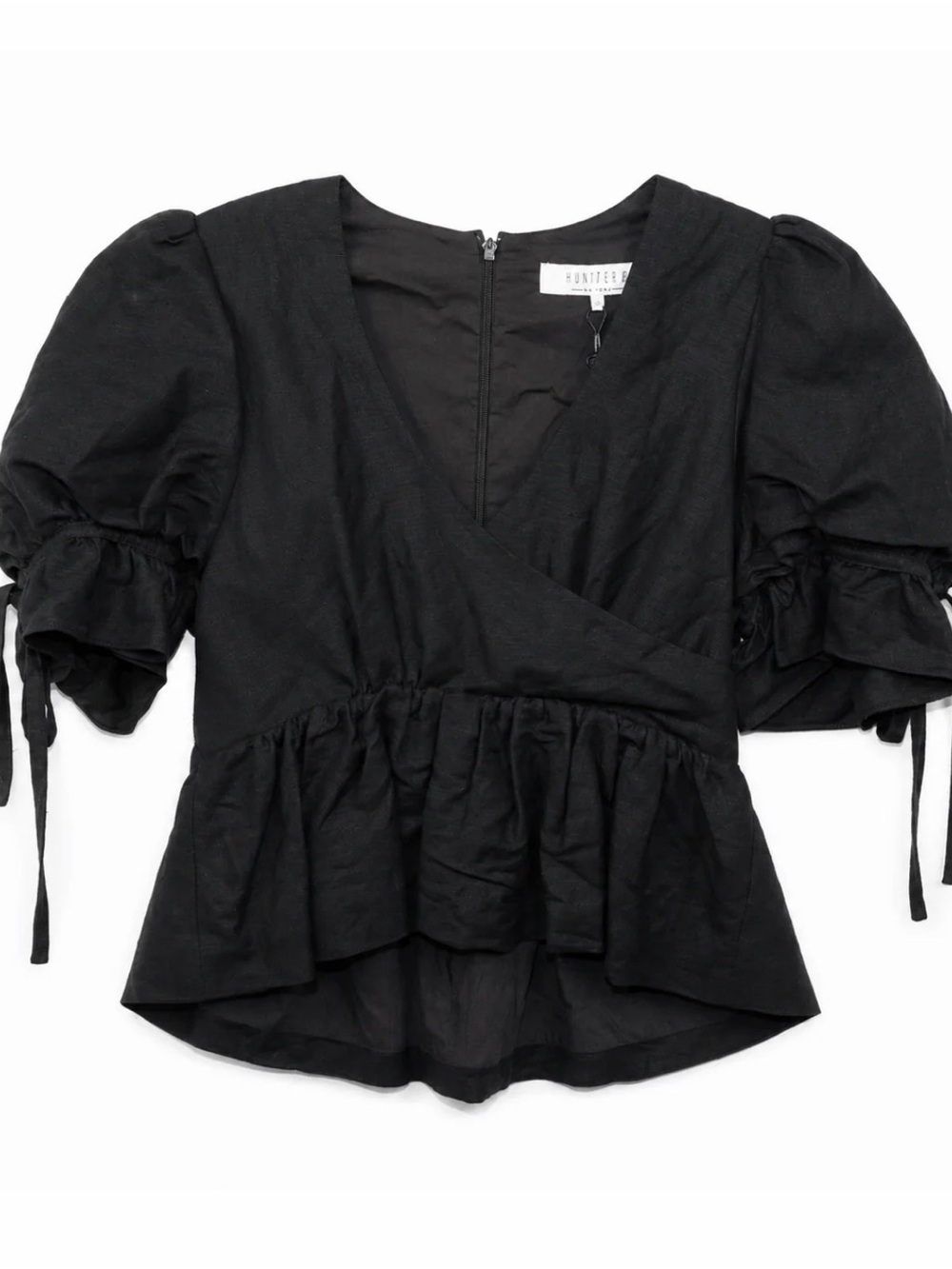 Hunter Bell New York Black Linen-Blend Puff-Sleeve